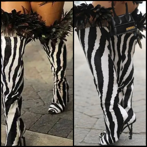 Women Fashion Open Toe B&W Printed Feather Over The Knee Boots