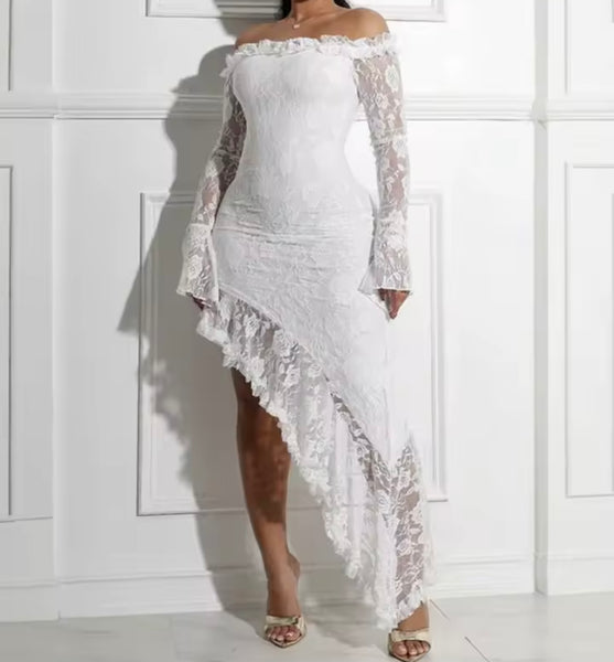 Women Off The Shoulder Full Sleeve Lace Asymmetrical Dress