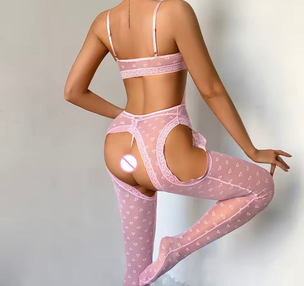 Women Sexy Pink Heart Mesh Bodysuit Lingerie Set