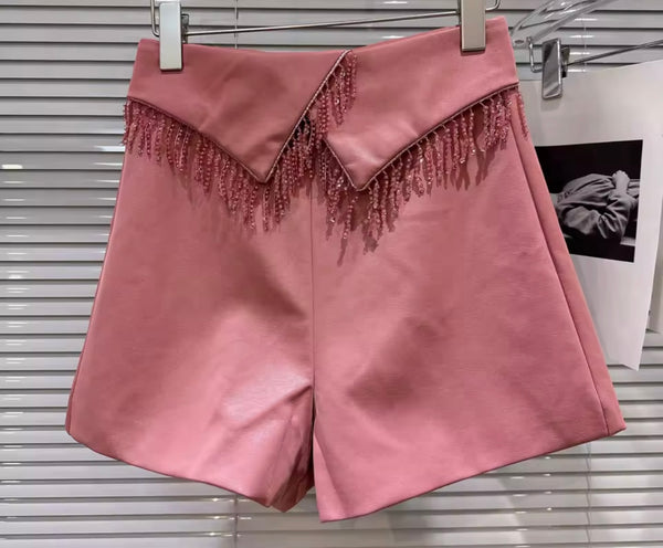 Women Color Fashion Faux Leather Tassel Shorts