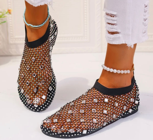 Women Fashion Bling Crystal Netted Flat Sandals