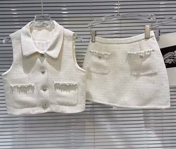 Women Collar Sleeveless Bling Button Up Two Piece Skirt Set