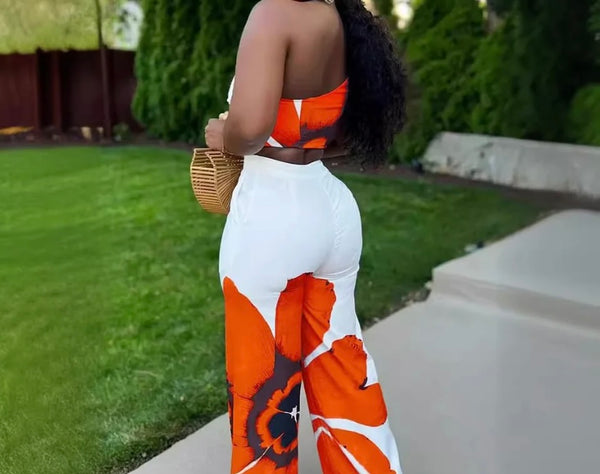 Women Sexy One Shoulder Sleeveless Crop Floral Two Piece Pant Set