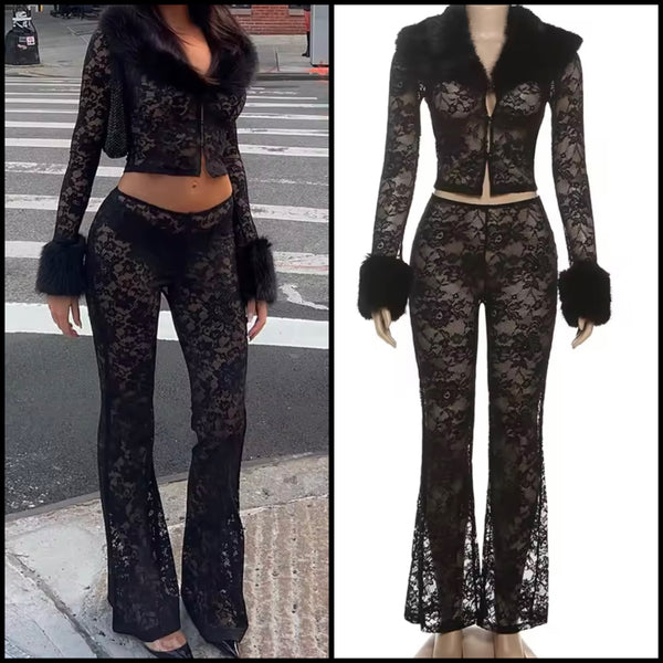 Women Sexy Black Faux Fur Full Sleeve Lace Two Piece Pant Set