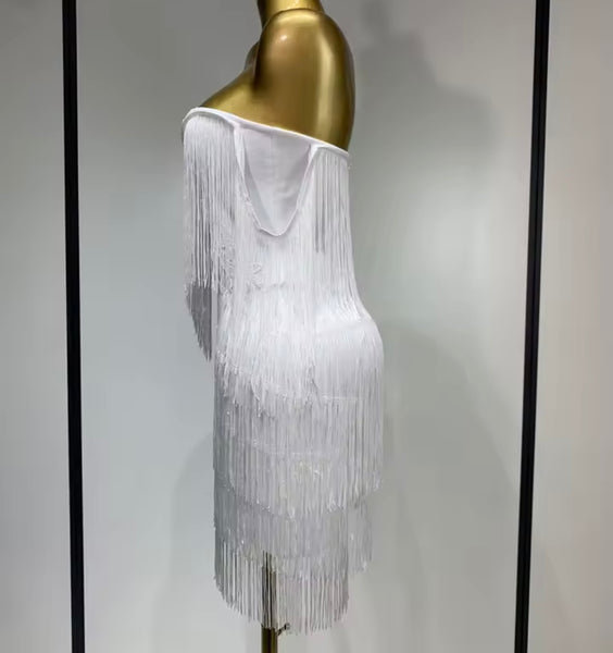 Women Sexy Strapless Solid Color Fringe Tassel Dress