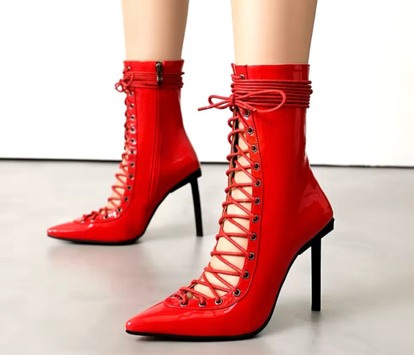 Women Fashion Pointed Toe Patent Leather Lace Up Ankle Boots