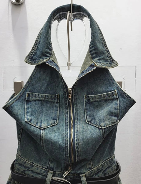 Women Sexy Fashion Halter Sleeveless Denim Romper