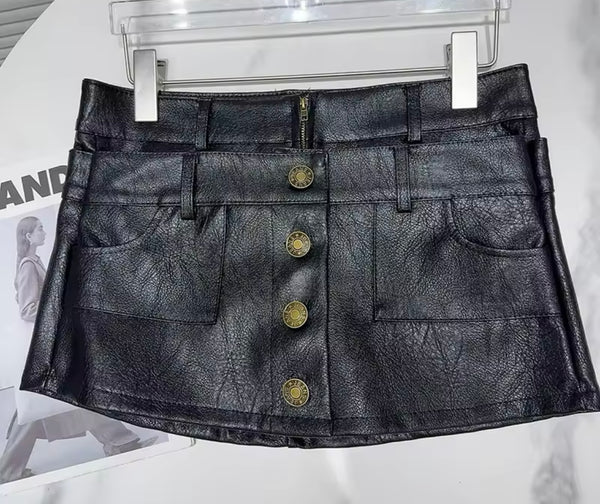 Women Black Gold Button Fashion Faux Leather Skirt