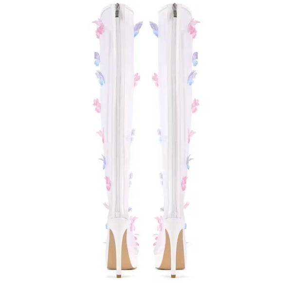 Women White Open Toe Color Butterfly Mesh Knee High Boots