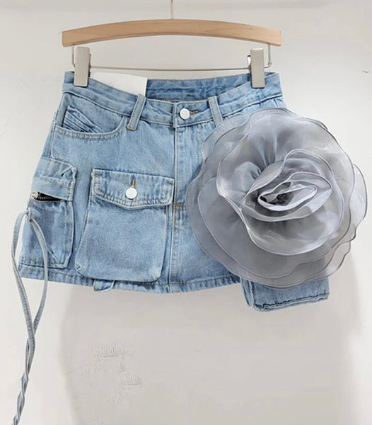 Women Cargo Color Floral Fashion Denim Skirt