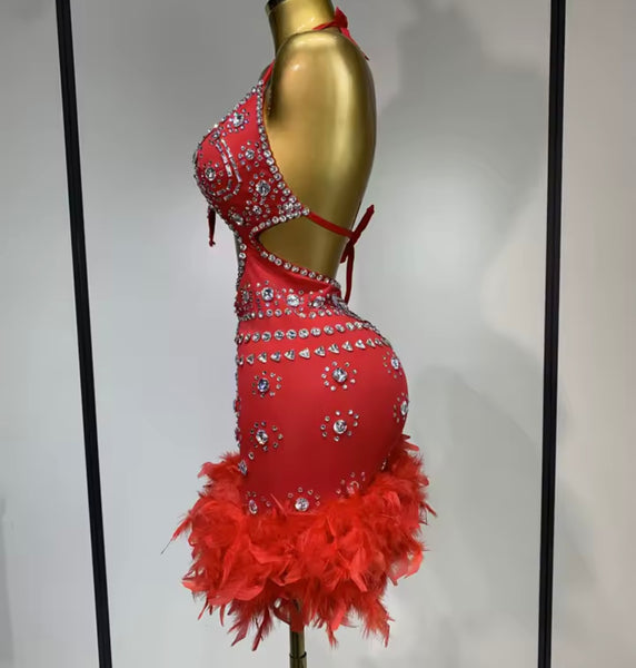Women Sexy Halter Sleeveless Cut Out Rhinestone Feather Dress