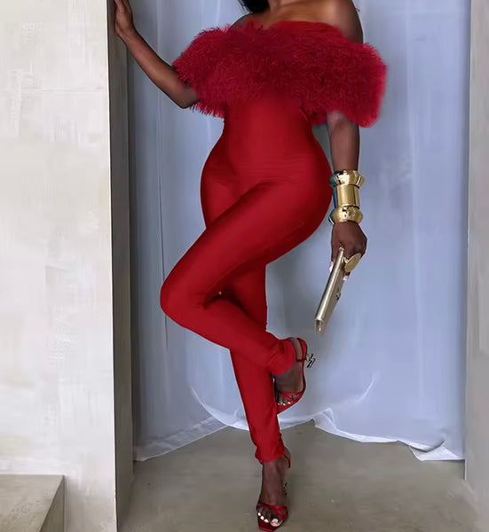 Women Fashion Fur Strapless Jumpsuit