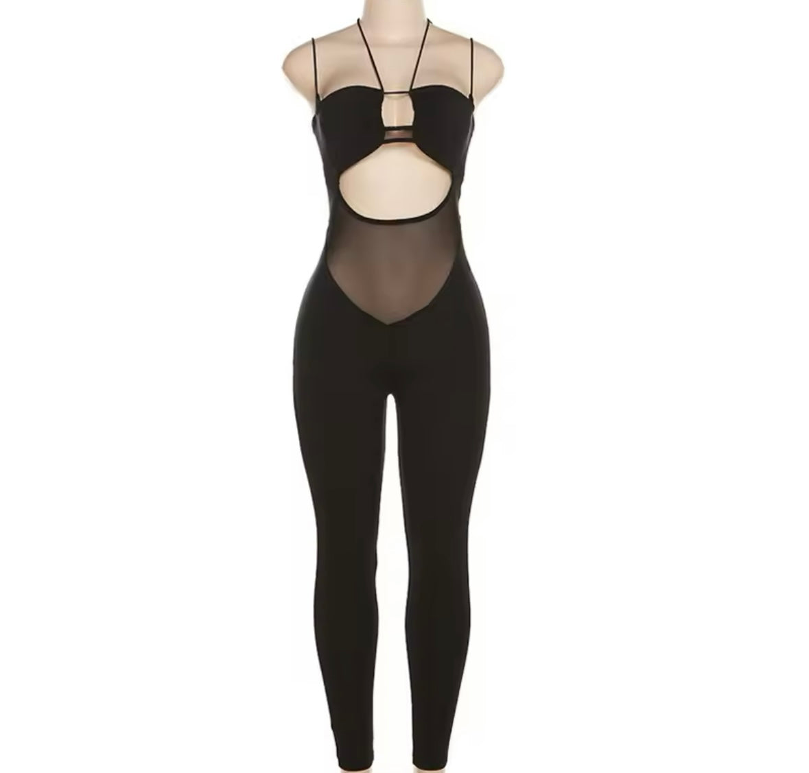 Women Black Sexy Halter Sleeveless Mesh Cut Out Jumpsuit