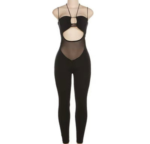 Women Black Sexy Halter Sleeveless Mesh Cut Out Jumpsuit