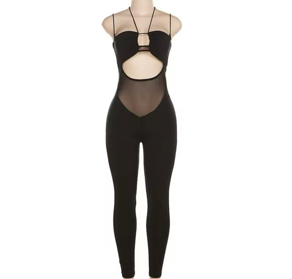 Women Black Sexy Halter Sleeveless Mesh Cut Out Jumpsuit