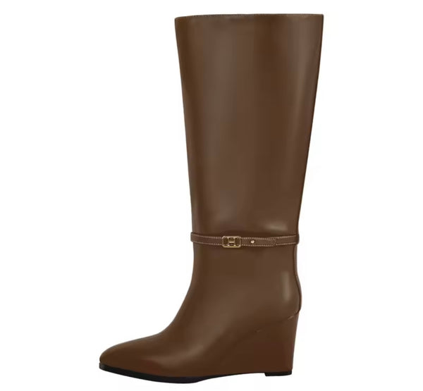 Women Fashion Color Faux Leather Buckle Wedge Knee High Boots