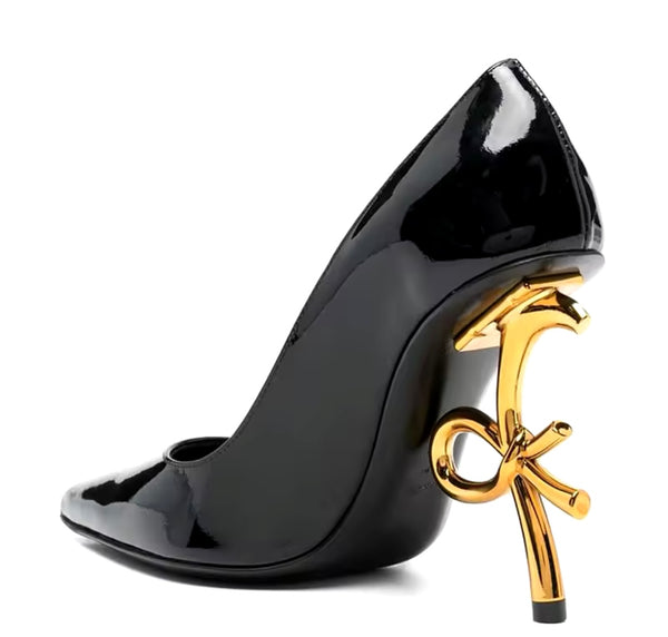 Women Pointed Toe Suede/Patent Leather Gold Heel Pumps