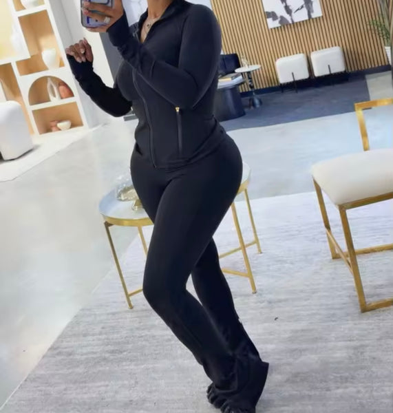 Women Solid Color Fashion Zip Up Full Sleeve Two Piece Pant Set