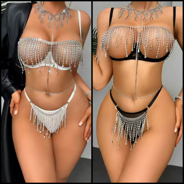 Women Sexy Rhinestone Tassel Mesh Lingerie Set