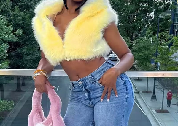 Women Zip Up Hooded Sleeveless Fashion Faux Fur Crop Vest Jacket