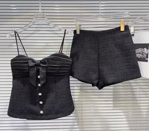 Women Sleeveless Bow Color Two Piece Short Set