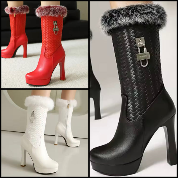Women Fashion Faux Leather Fur Buckled Lock High Heel Boots