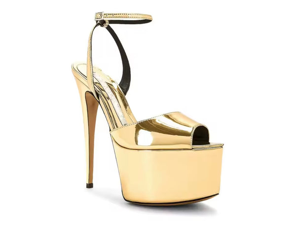 Women Fashion Patent Leather Open Toe Platform Ankle Strap High Heels