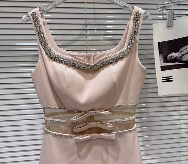 Women Pink Sleeveless Bow Mesh Patchwork Rhinestone Dress