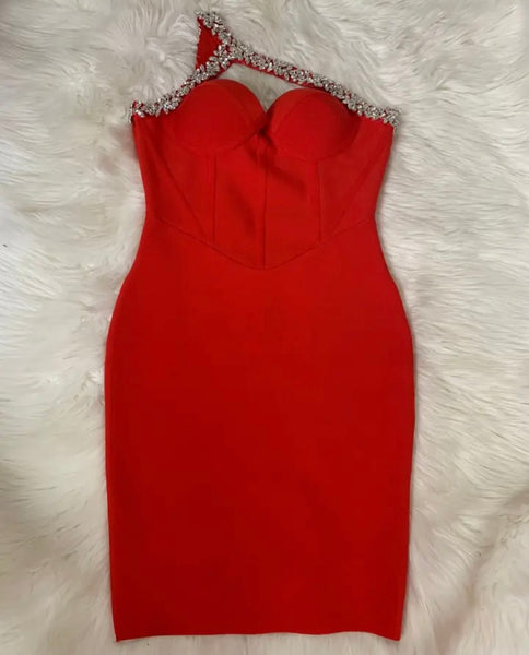 Women Sexy Bling Rhinestone One Shoulder Sleeveless Dress