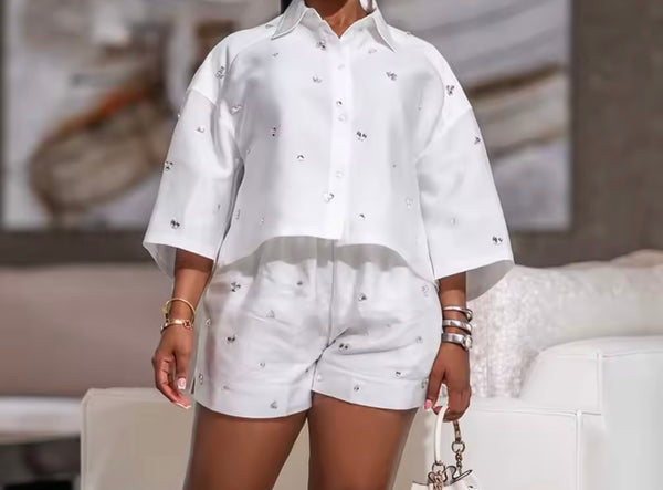 Women White Button Up Short Sleeve Bling Two Piece Short Set