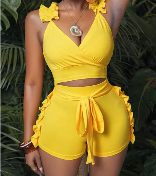 Women Solid Color Sleeveless Ruffled Two Piece Short Set