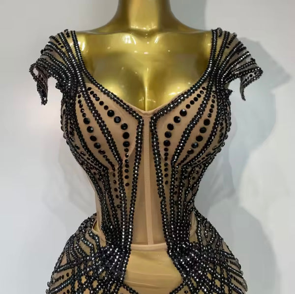 Women Sexy Strapless Rhinestone Mesh Lace Up Dress