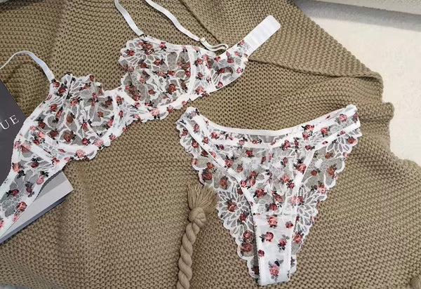 Women Sexy Printed Lace Mesh Lingerie Set