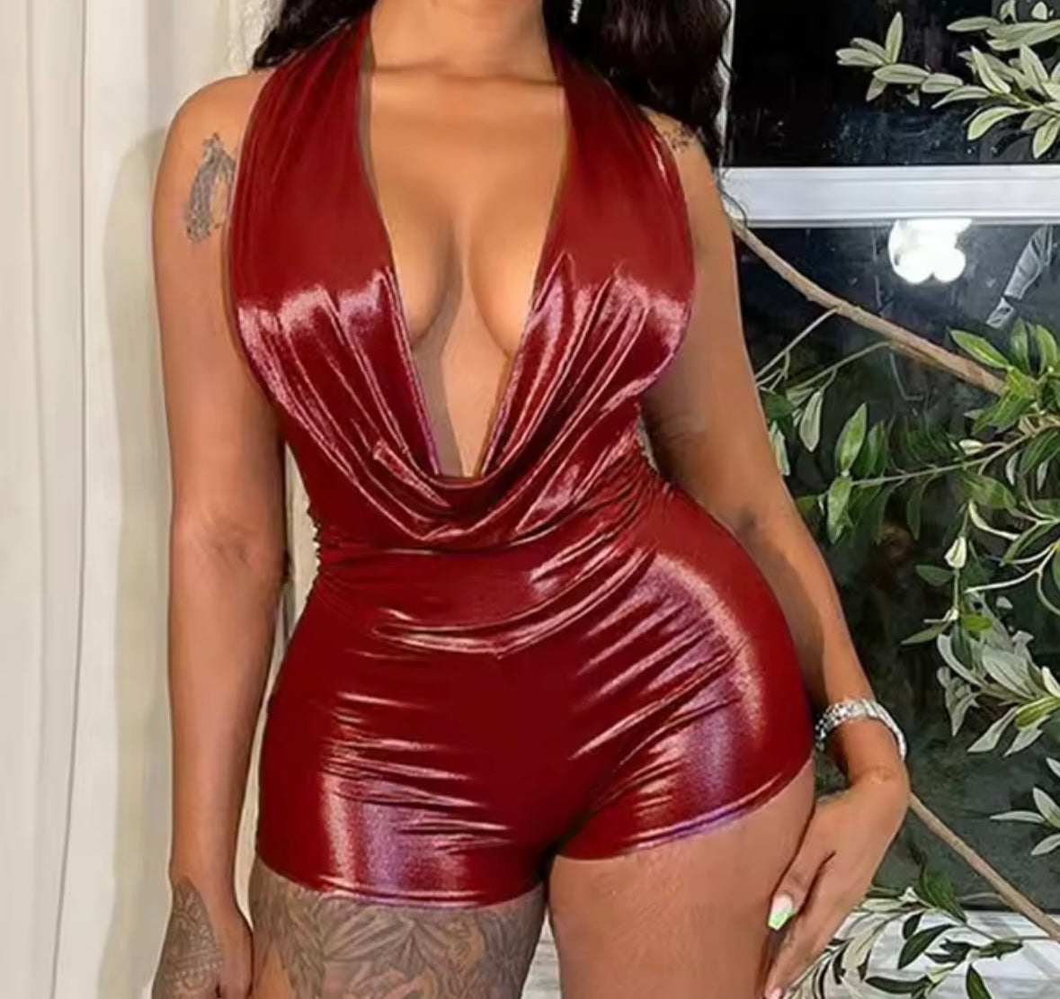 Women Sexy Halter Sleeveless PU Jumpsuit