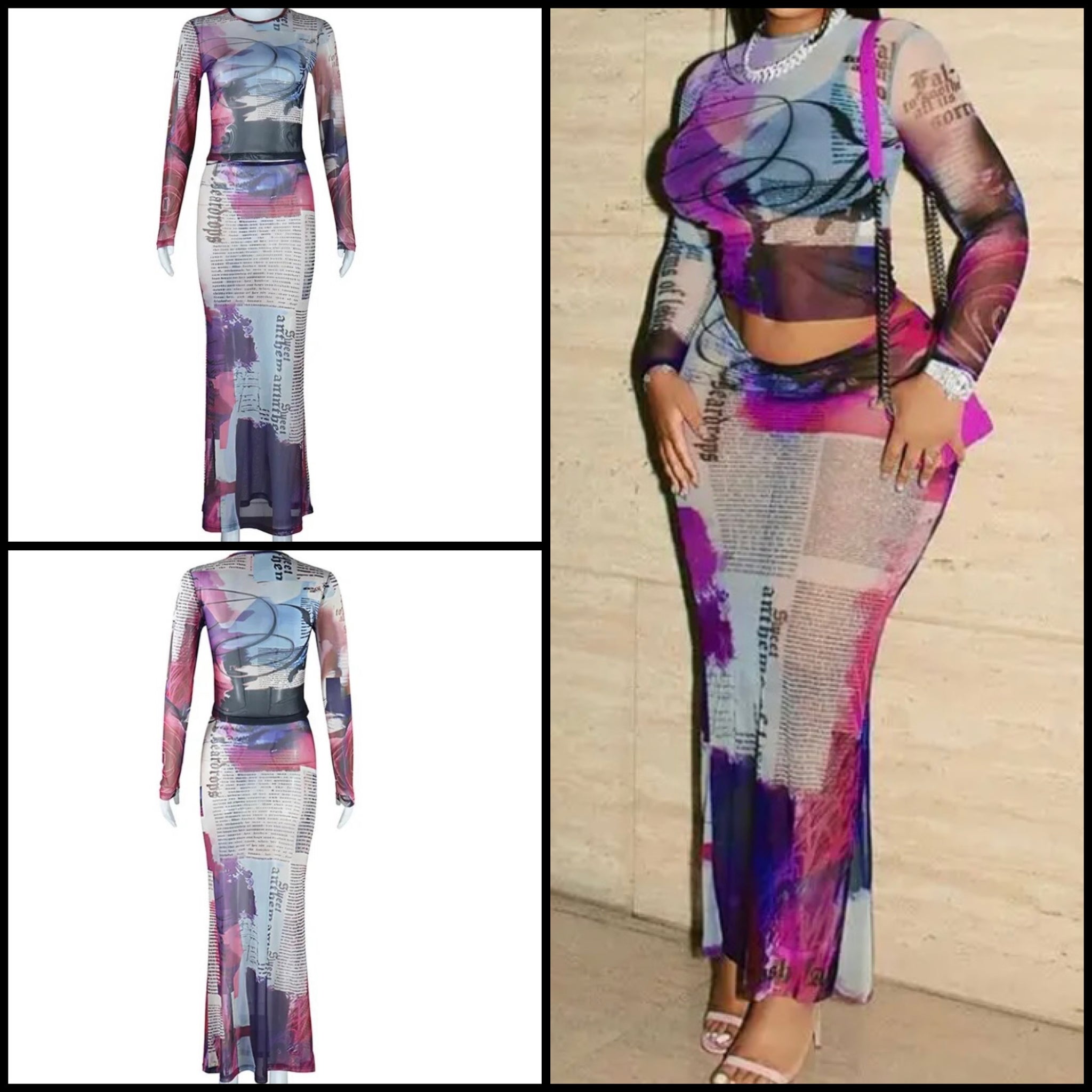 Women Sexy Multicolored Print Mesh Two Piece Maxi Skirt Set