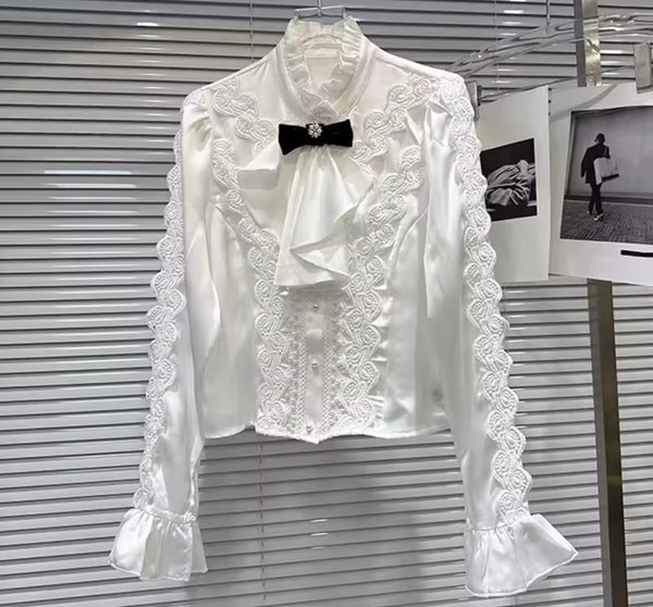Women Ruffled Bow Tie Full Sleeve Two Piece Bling Skirt Set