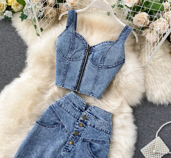 Women Sexy Fashion Zip Up Crop Two Piece Denim Maxi Skirt Set