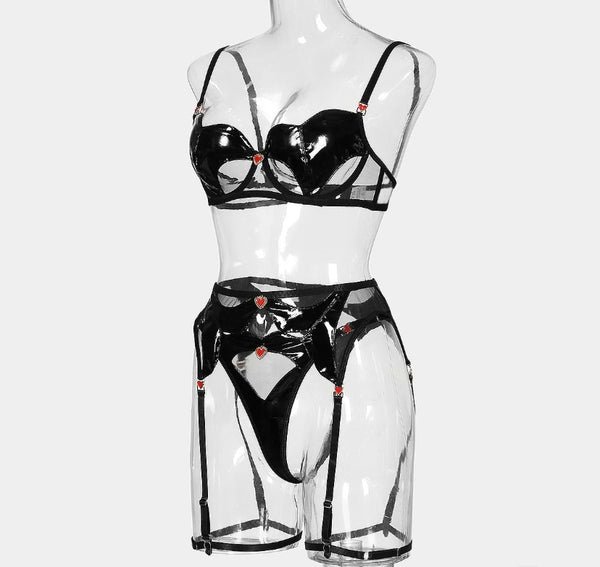 Women Sexy Black Heart PU Lingerie Set