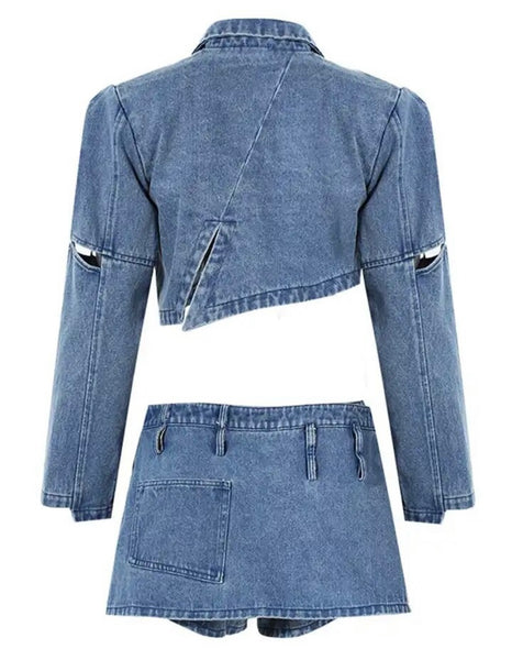 Women Denim Two Piece Fashion Crop Blazer Skirt Set