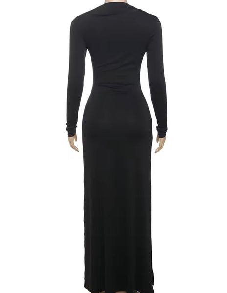 Women Sexy Solid Color Tassel Full Sleeve Maxi Dress