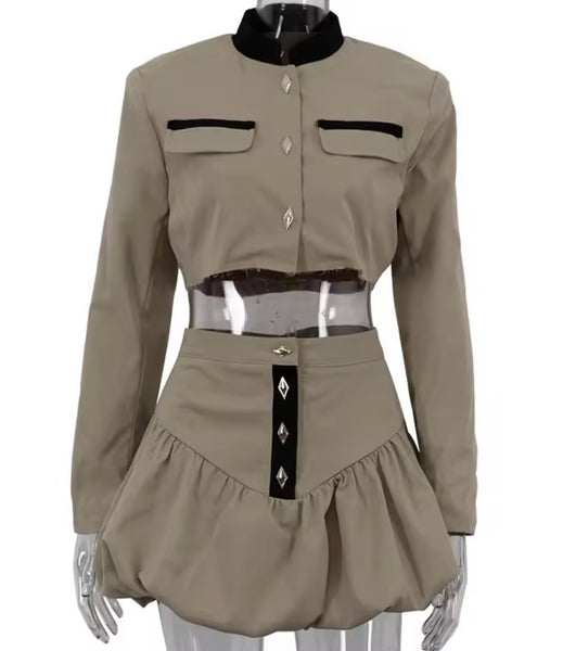 Women Color Patchwork Button Up Two Piece Fashion Skirt Set