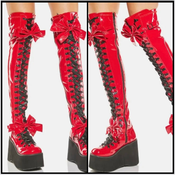 Women Fashion Red Bow Lace Up Platform Over The Knee Boots