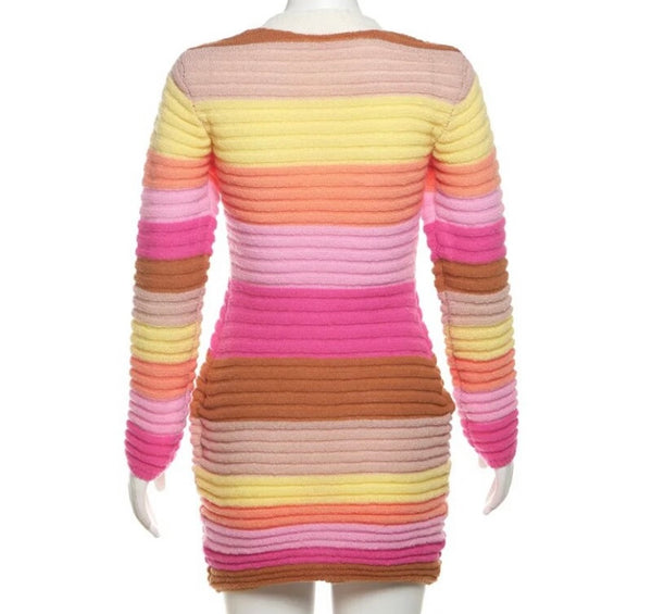 Women Sexy Fashion Colorful Striped Button Up Full Sleeve Dress