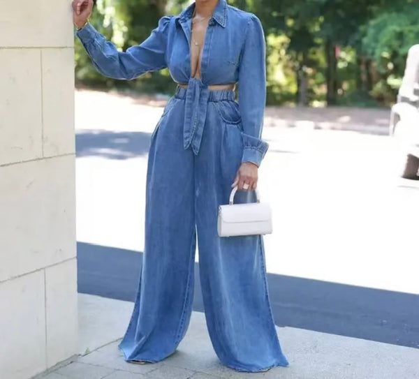 Women Sexy Fashion Denim Two Piece Full Sleeve Wide Leg Pant Set