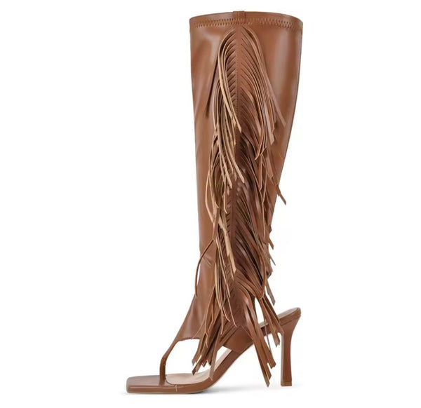 Women Fashion Open Toe Fringe Tassel Knee High Boots
