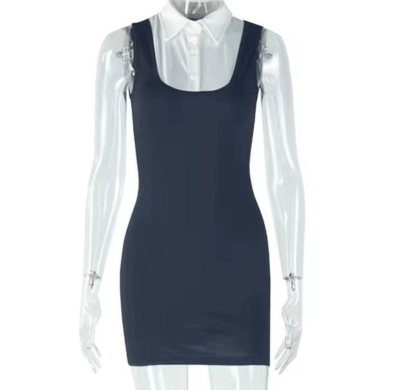 Women Sexy B&W Collar Sleeveless Dress