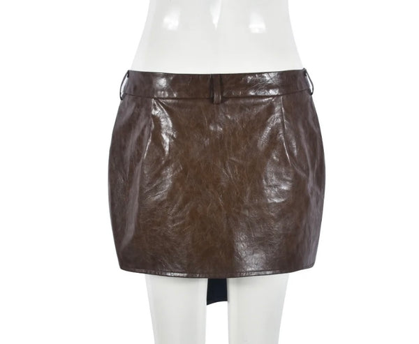 Women Sexy Fashion Brown Faux Leather Button Short Skirt