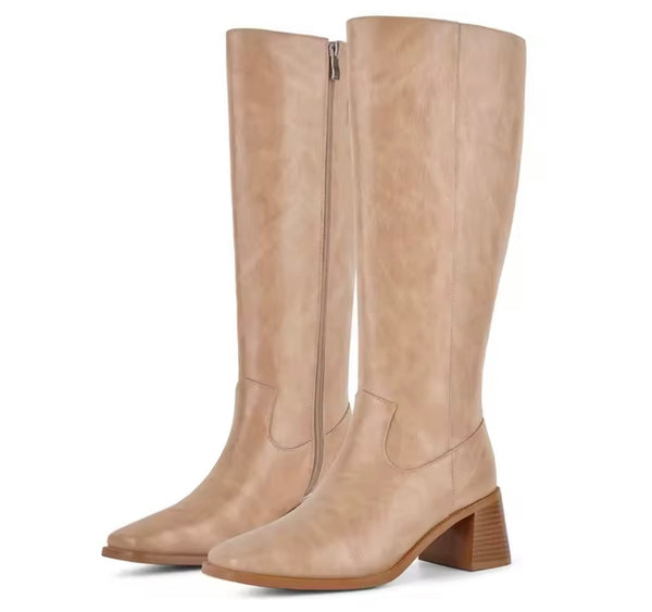 Women Fashion Pointed Toe Square Heel Knee High Boots