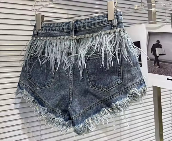 Women Fashion Rivet Feather Denim Jacket Two Piece Short Set
