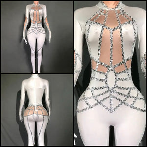 Women White Sexy Bling Patchwork Full Sleeve Glove Jumpsuit